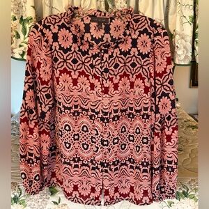 The Limited Navy & Deep Red Paisley Long Sleeve Blouse, Size Small.